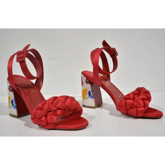 Christian Louboutin Brio 85 Red Floral Ankle Strap Sandal Block Heel Pump 37 - Picture 4 of 12